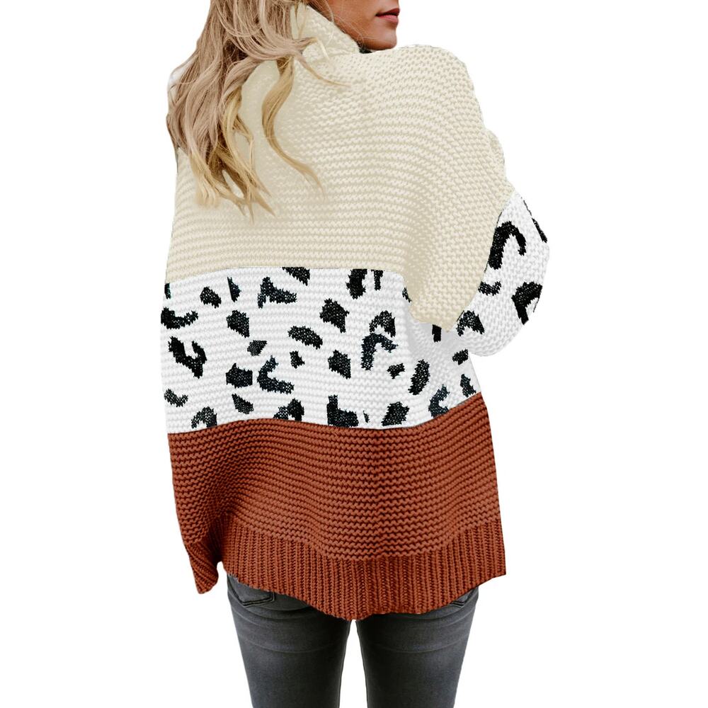 Women's Turtleneck Chunky long sleeve Leopard Print Sweater Cable Knit Sweater L - Picture 3 of 10